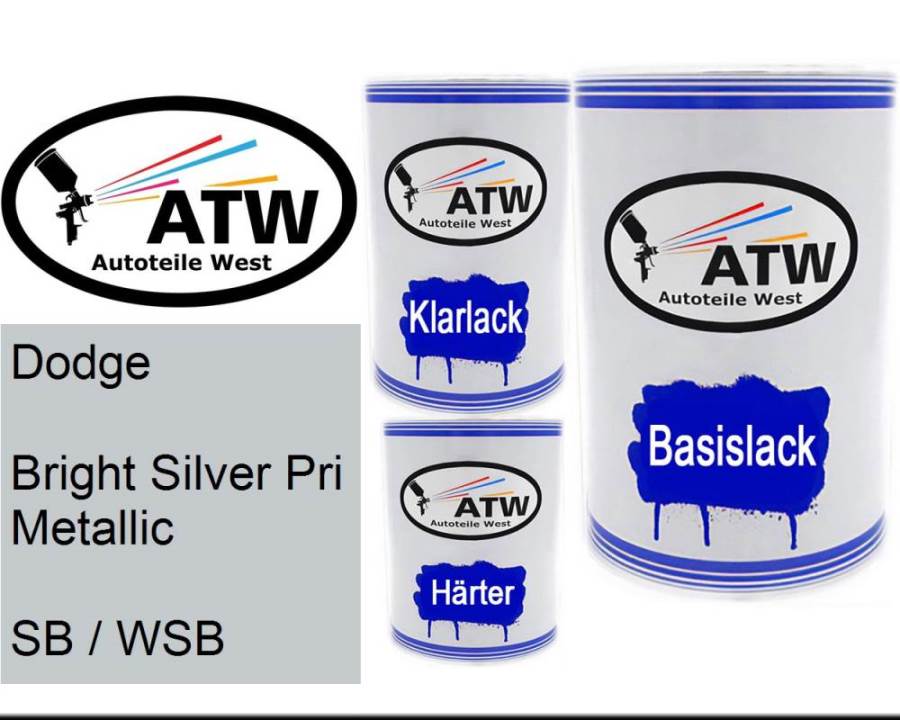 Dodge, Bright Silver Pri Metallic, SB / WSB: 500ml Lackdose + 500ml Klarlack + 250ml Härter - Set, von ATW Autoteile West.